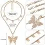 Hicarer Big Butterfly Pendant Necklace Rhinestone Chain Shiny Crystal Choker Pendant Collar Necklace and Butterfly Bracelet Butterfly Earrings Jewelry for Women Girl (Gold)