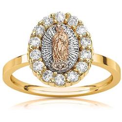 Savlano 18K Gold Plated White Yellow & Rose Three Color Lady of Guadalupe Virgin Mary with Round Cut Cubic Zirconia Womens Girls Religious Ring Comes Gift Box