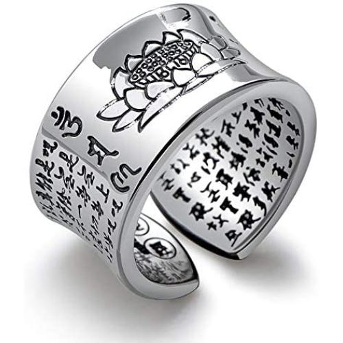 999 Sterling Silver Ring Men Ring Vintage Opening Adjustable Female Women Rings Silver Buddhist Heart Sutra Signet Jewelry