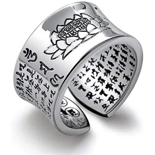 999 Sterling Silver Ring Men Ring Vintage Opening Adjustable Female Women Rings Silver Buddhist Heart Sutra Signet Jewelry
