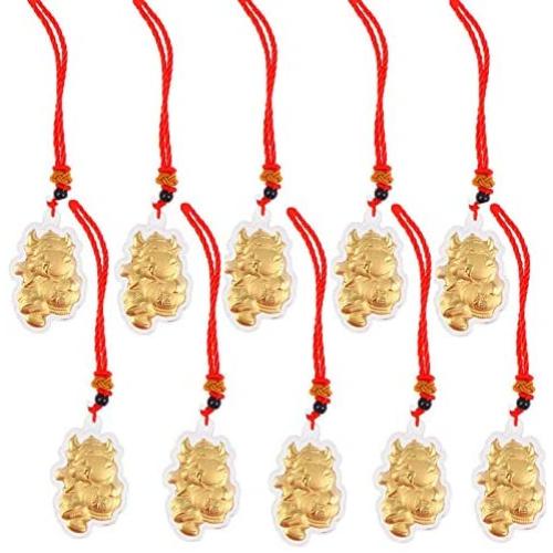 Warmshine 10 Pack 2021 Year of Ox Pendant with Red Ropes Chinese New Year Ox Pendant Cow Pendant Necklace Chinese Spring Festival Zodiac Gift Blessing Souvenir