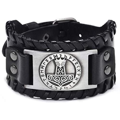 Viking Bracelet Norse Mjolnir - Nordic Bracelet with Thors Hammer Amulet - Celtic Pagan Jewelry of Talisman (Mjolnir Silver)