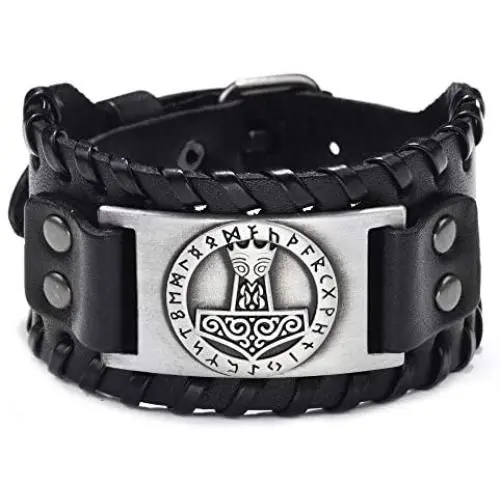Viking Bracelet Norse Mjolnir - Nordic Bracelet with Thors Hammer Amulet - Celtic Pagan Jewelry of Talisman (Mjolnir Silver)