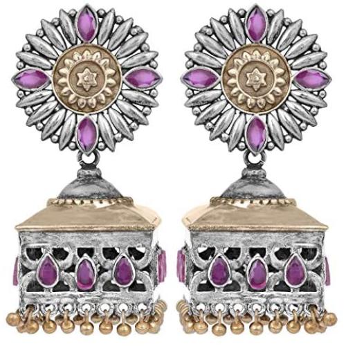 Aheli Uniquely Designed Oxidized Jhumki Earrings Faux Stone Studded Indian Ethnic Wedding Wear Fashion Jewelry for Women