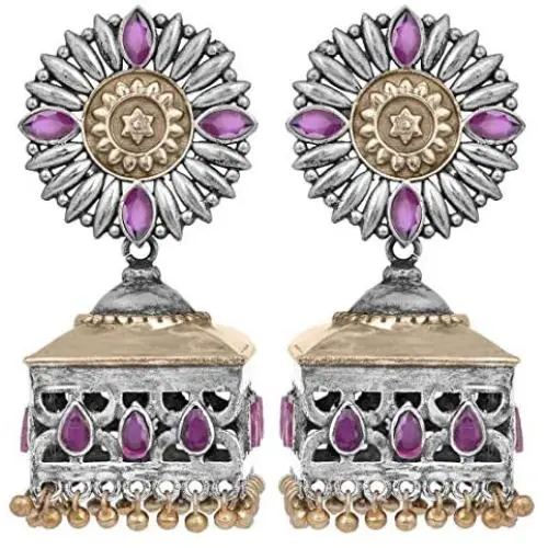 Aheli Uniquely Designed Oxidized Jhumki Earrings Faux Stone Studded Indian Ethnic Wedding Wear Fashion Jewelry for Women