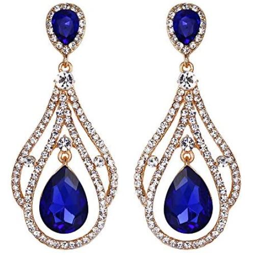 BriLove Womens Wedding Bridal Crystal Peacock Feather Shape Teardrop Chandelier Dangle Earrings