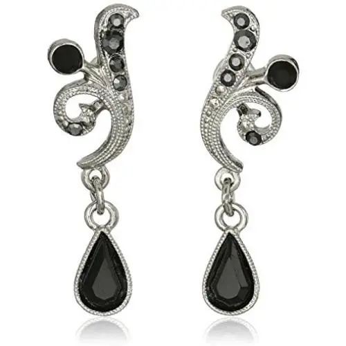 1928 Jewelry Silver-Tone Black and Hematite Color Crystal Vine Drop Earrings 1928 Jewelry Silver-Tone Black and Hematite Color Crystal Vine Drop Earrings