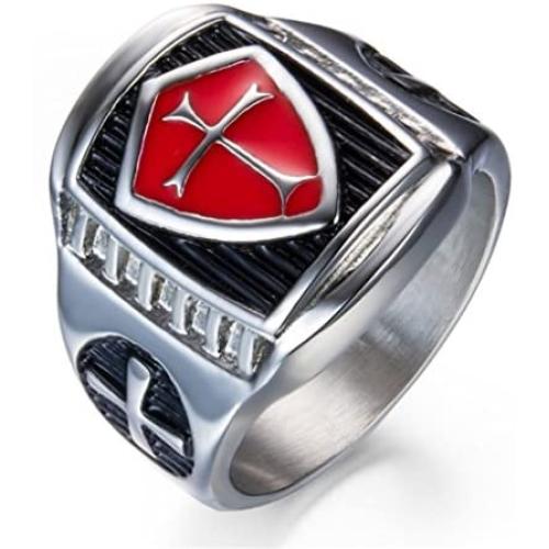 Grhose Mens Stainless Steel Ring Knight ring Templar Ring biker Crusader Cross masonic Red Size 12