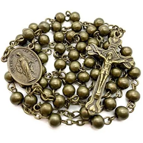 Nazareth Store Metal Beads Combat Rosary Necklace St Therese Virgin Of The Smile Medal with Crucifix Vintage Design - Velvet Bag Nazareth Store Metal Beads Combat Rosary Necklace St Therese Virgin Of The Smile Medal with Crucifix Vintage Design - Velvet Bag