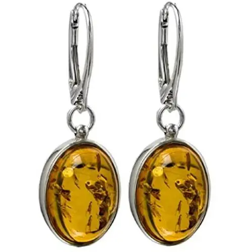 Honey Amber Sterling Silver Oval Popular Leverback Earrings Honey Amber Sterling Silver Oval Popular Leverback Earrings
