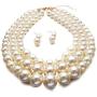 Faux Big White Pearl 3 Layer Chunky Necklace and Earrings Bib Costume Jewelry Set