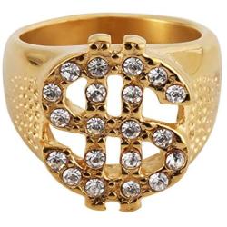 HZMAN Mens Real Gold Plated Stainless Steel Ring Hip Hop Cz Inlay Dollar Sign Band