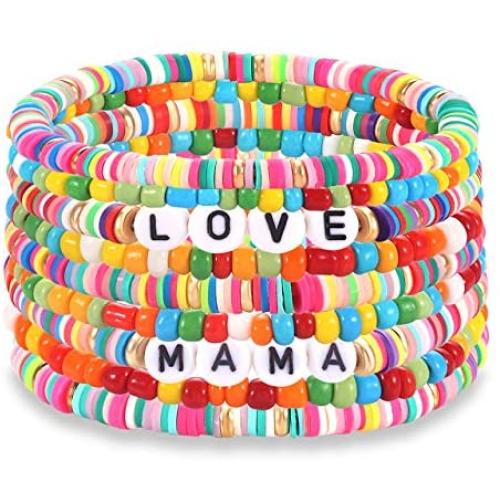 Heishi Bracelets for Women Colorful Vinyl Disc Bead Stretch Bracelets Stackable Beach Surf Letter Strand Bracelets for Girls Birthday Party Gifts