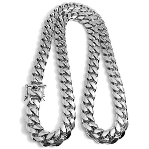 14K White Gold Cuban Link Chain Necklace for Men Real 14MM 14K Karat Diamond Cut Heavy w Solid Thick Plated Clasp US Made