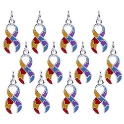 Bingcute 12Pcs Silver Plated Dangling Autism Awareness Ribbon Bead Charm with Ring