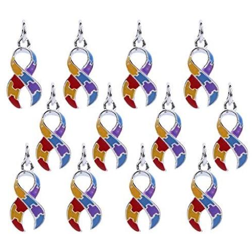 Bingcute 12Pcs Silver Plated Dangling Autism Awareness Ribbon Bead Charm with Ring