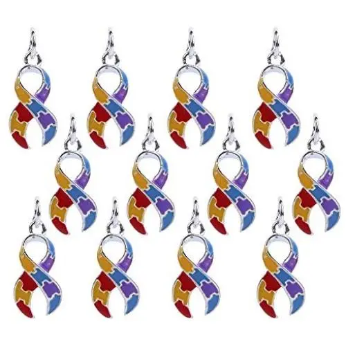 Bingcute 12Pcs Silver Plated Dangling Autism Awareness Ribbon Bead Charm with Ring Bingcute 12Pcs Silver Plated Dangling Autism Awareness Ribbon Bead Charm with Ring