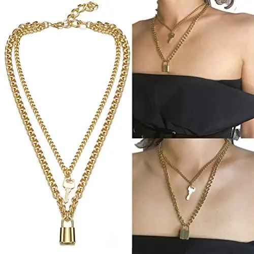Lock Key Pendant Necklace Long Chain Punk Choker Key Padlock Y Necklace Multilayer Chain Hip Hop Personalized Jewelry