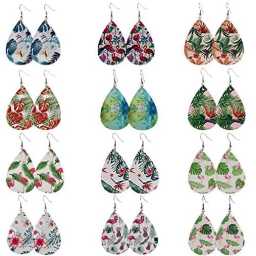 12 Pairs Large African Flamingo Leather Dangle Earring Teardrop Lightweight Leaf Pattern Leather Earrings Handmade Bohemian Exquisite Pendant Earrings for Women Girls