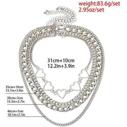 tenghong2021 Silver Layered Choker Necklace Simple Hearts Necklace Lolita Choker Chain Detachable Boho Layered Dainty Layered Cuban Chunky Chain Necklace Chic Style Jewelry for Women Girls