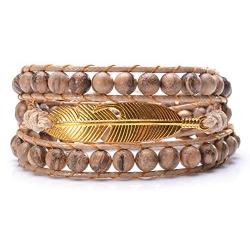 MOFRGO Feather Boho Wrap Bracelets for Women Men Bohemian Handmade Wooden Beads Bangle Jewelry