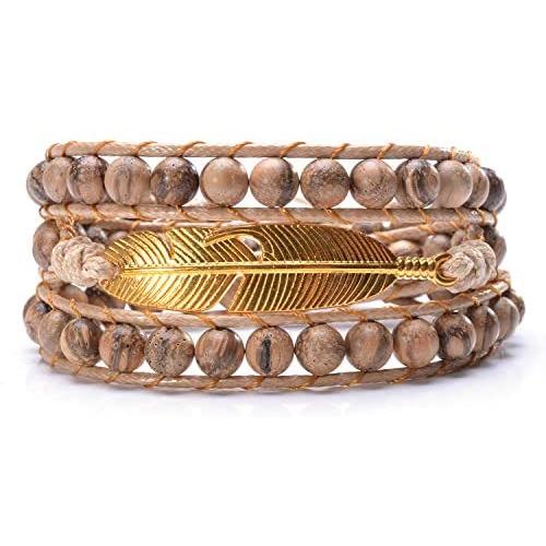 MOFRGO Feather Boho Wrap Bracelets for Women Men Bohemian Handmade Wooden Beads Bangle Jewelry