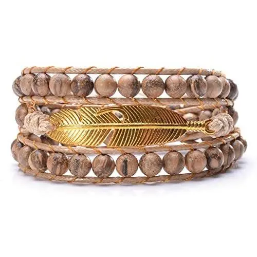MOFRGO Feather Boho Wrap Bracelets for Women Men Bohemian Handmade Wooden Beads Bangle Jewelry