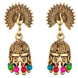 Efulgenz Boho Vintage Antique Gypsy Tribal Indian Oxidized Gold Pearl Drop Enamel Peacock Jhumka Jhumki Earrings Set Jewelry