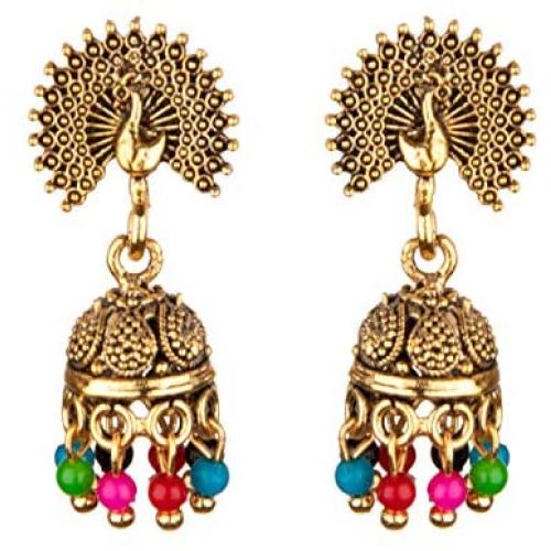 Efulgenz Boho Vintage Antique Gypsy Tribal Indian Oxidized Gold Pearl Drop Enamel Peacock Jhumka Jhumki Earrings Set Jewelry