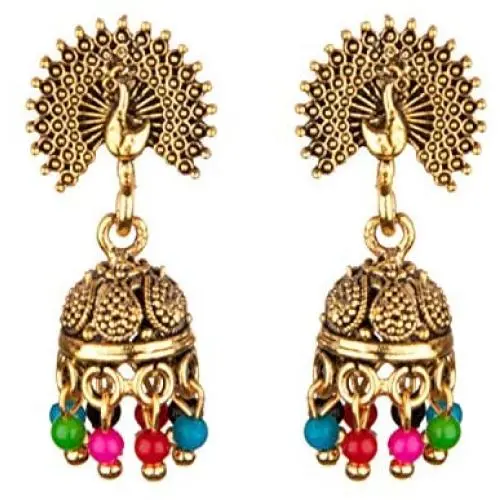 Efulgenz Boho Vintage Antique Gypsy Tribal Indian Oxidized Gold Pearl Drop Enamel Peacock Jhumka Jhumki Earrings Set Jewelry Efulgenz Boho Vintage Antique Gypsy Tribal Indian Oxidized Gold Pearl Drop Enamel Peacock Jhumka Jhumki Earrings Set Jewelry