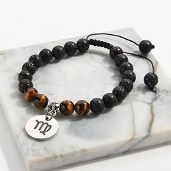 Meibai Handmade 8mm Lava Rock Tiger Eye Natural Stone Beads Bracelet with Constellation Zodiac Sign Charm Adjustable Size