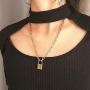 2Pcs Layered Lock Key Pendant Necklace Punk Chunky Gold Necklace Long Chain Statement Choker for Women Men