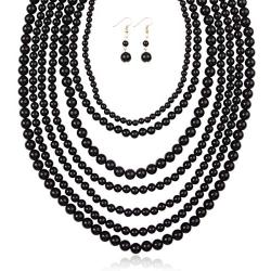 Multi Beaded Bubble Statement Necklace - Round Ball Chunky Drape Bib Collar Marbled, 7 Layer Long
