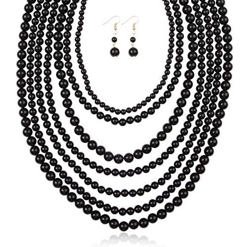 Multi Beaded Bubble Statement Necklace - Round Ball Chunky Drape Bib Collar Marbled, 7 Layer Long