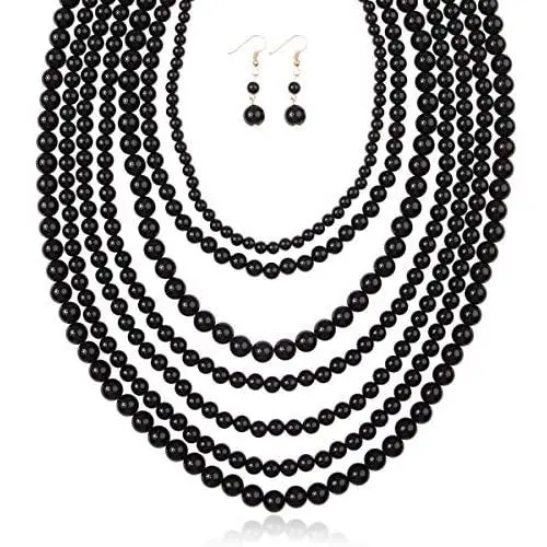 Multi Beaded Bubble Statement Necklace - Round Ball Chunky Drape Bib Collar Marbled, 7 Layer Long Multi Beaded Bubble Statement Necklace - Round Ball Chunky Drape Bib Collar Marbled, 7 Layer Long