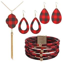 FUTIMELY 4 Pieces Christmas Plaid Jewelry Set Gifts for Women,Christmas Red Black Buffalo Plaid Print Earrings and Multi-Layer Bracelet Faux Leather Necklace Set