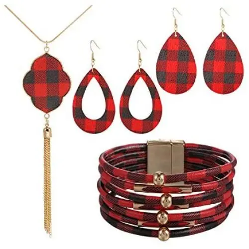 FUTIMELY 4 Pieces Christmas Plaid Jewelry Set Gifts for Women,Christmas Red Black Buffalo Plaid Print Earrings and Multi-Layer Bracelet Faux Leather Necklace Set FUTIMELY 4 Pieces Christmas Plaid Jewelry Set Gifts for Women,Christmas Red Black Buffalo Plaid Print Earrings and Multi-Layer Bracelet Faux Leather Necklace Set