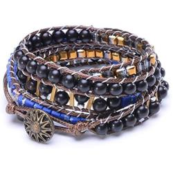 MOFRGO Handmade Braided Charm 5 Wrap Bracelet for Men Women Jasper Ebony Wood Beads Bohemian Adjustable Multilayer Bangle Jewelry
