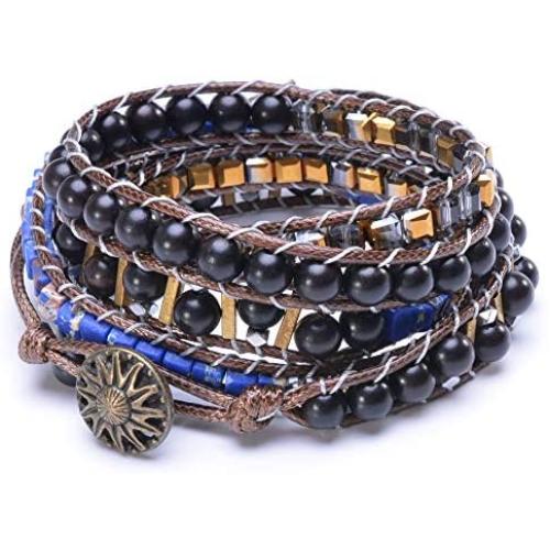 MOFRGO Handmade Braided Charm 5 Wrap Bracelet for Men Women Jasper Ebony Wood Beads Bohemian Adjustable Multilayer Bangle Jewelry