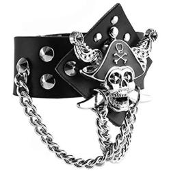 HZMAN Gothic Black Leather Pirate Bracelet Cross Skull Bangle Metal Spike Studded Link Cuff