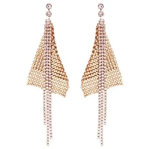 Solememo Gold Tone Elegant Geometric Long Tiered Chandelier Dangle Earrings with Faux Pear Gold DIsc Mesh Metal Crystals Tassel Statement Drop Earrings for Women Teen Girls (Gold Mesh)