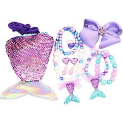 GOEXPLAK 6-Piece Princess Dress Up Game Jewelry Gift Box Set Sequins Mermaid Tail Coin Purse Necklace Bracelet Ring Pearl Earrings Gifts for Girls (Dream Purple Tail)