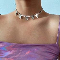SONGCHANGJEWELRY Butterfly Cuban Link Necklace - Butterfly Chain Iced Out Tennis Chain - Shiny Rhinestone Cubic Zirconia Big Butterfly Pendant Bling Chain Women Jewelry Gifts