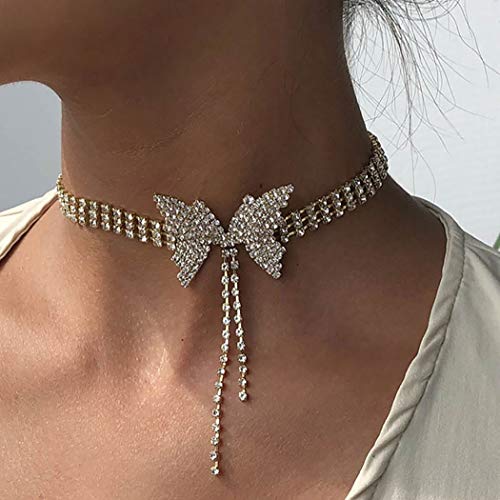 Gangel Gold Silver Butterfly Choker Rhinestone Tennis Chain Fashion Bow-knot Necklace Bling Pendant Jewelry for Party Dating Vacation for Women and Girls(Pack of 1) (Gold)