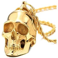 COOLSTEELANDBEYOND Large Stainless Steel Skull Pendant Necklace for Men High Polished with 30 Inches Wheat Chain