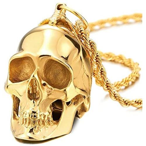 COOLSTEELANDBEYOND Large Stainless Steel Skull Pendant Necklace for Men High Polished with 30 Inches Wheat Chain