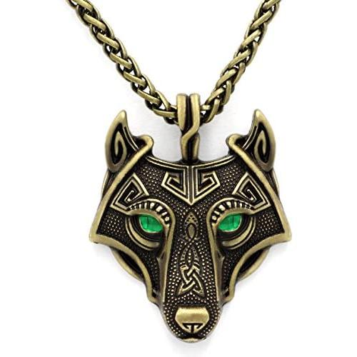 GuoShuang Norse Vikings Pendant Necklace Norse Wolf Head Necklace Original Animal Jewelry Wolf Head hange with Valknut Gift Bag