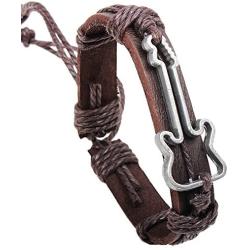 Xusamss Punk Alloy Guitar Pattern Leather Drawstring Rope Bracelet