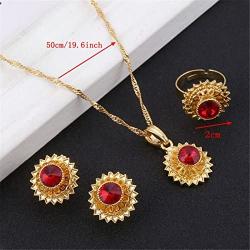 Flower Jewelry Set Ethiopian Gold Jewelry Sets Earrings Pendant Ring with Stone African Habesha Nigeria Jewelry