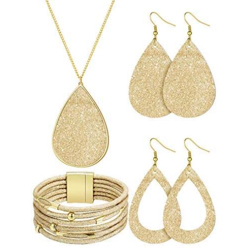 4 Pieces Womens Glitter Jewelry Set Bridal Wedding Multi-Layer Bracelet Faux Leather Dangle Earrings Necklace (Gold)